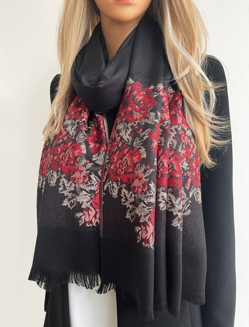 LARGE BLACK FLORAL PRINT SILKY FEEL PASHMINA SHAWL SCARF