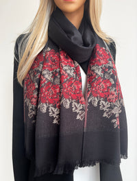 LARGE BLACK FLORAL PRINT SILKY FEEL PASHMINA SHAWL SCARF