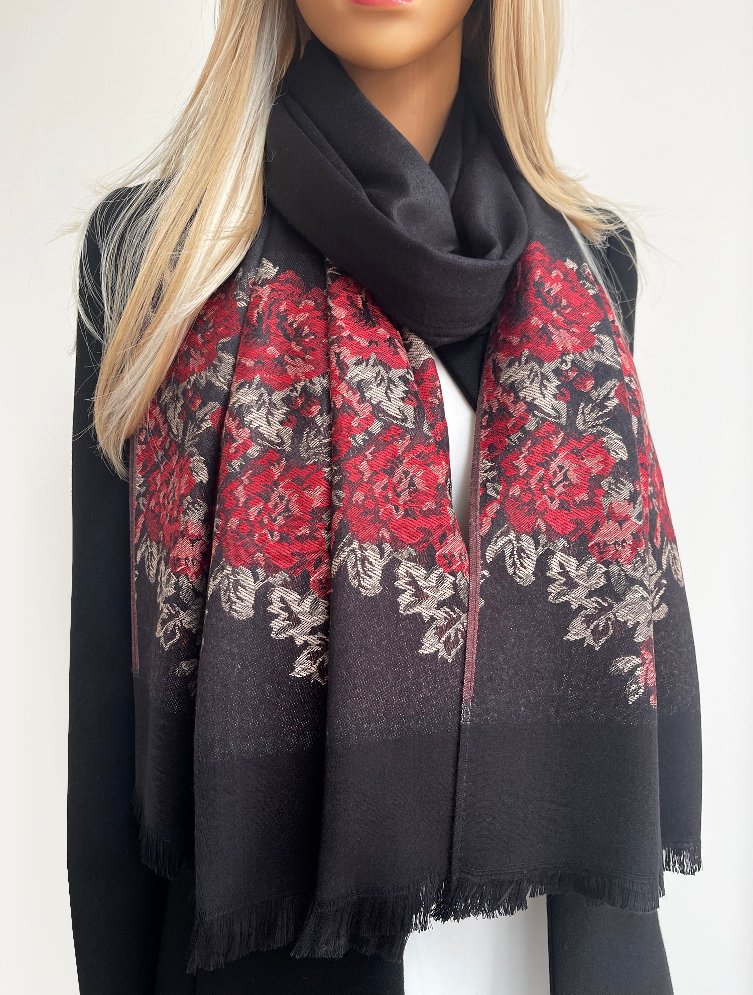 LARGE BLACK FLORAL PRINT SILKY FEEL PASHMINA SHAWL SCARF