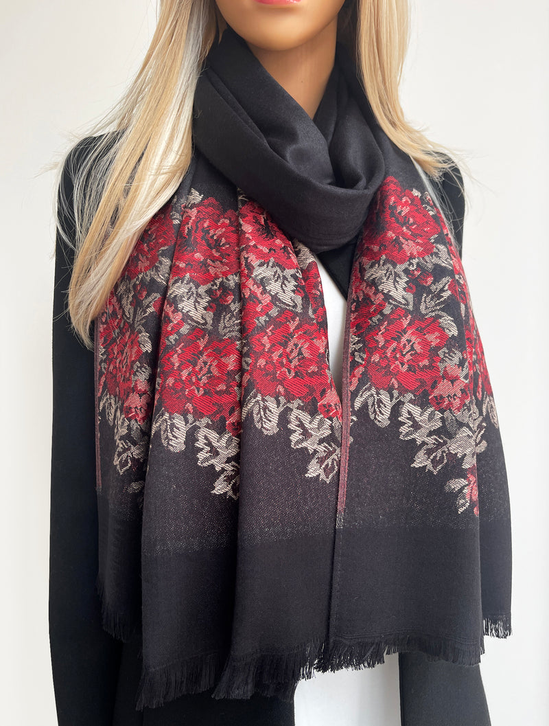 LARGE BLACK FLORAL PRINT SILKY FEEL PASHMINA SHAWL SCARF