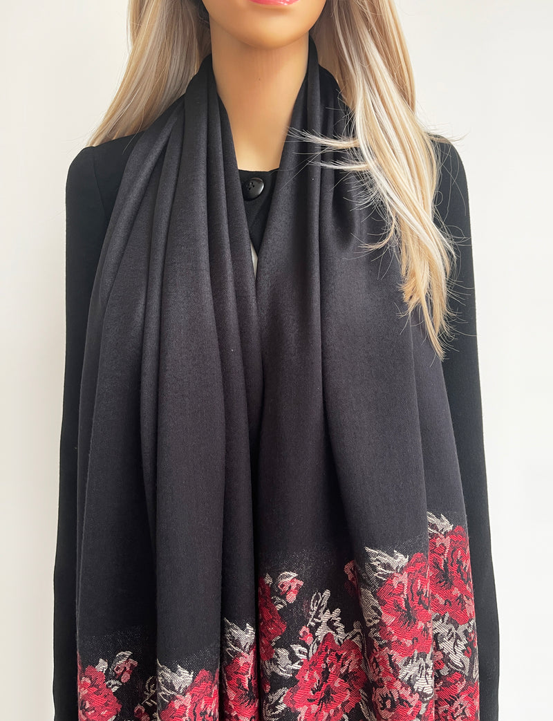LARGE BLACK FLORAL PRINT SILKY FEEL PASHMINA SHAWL SCARF