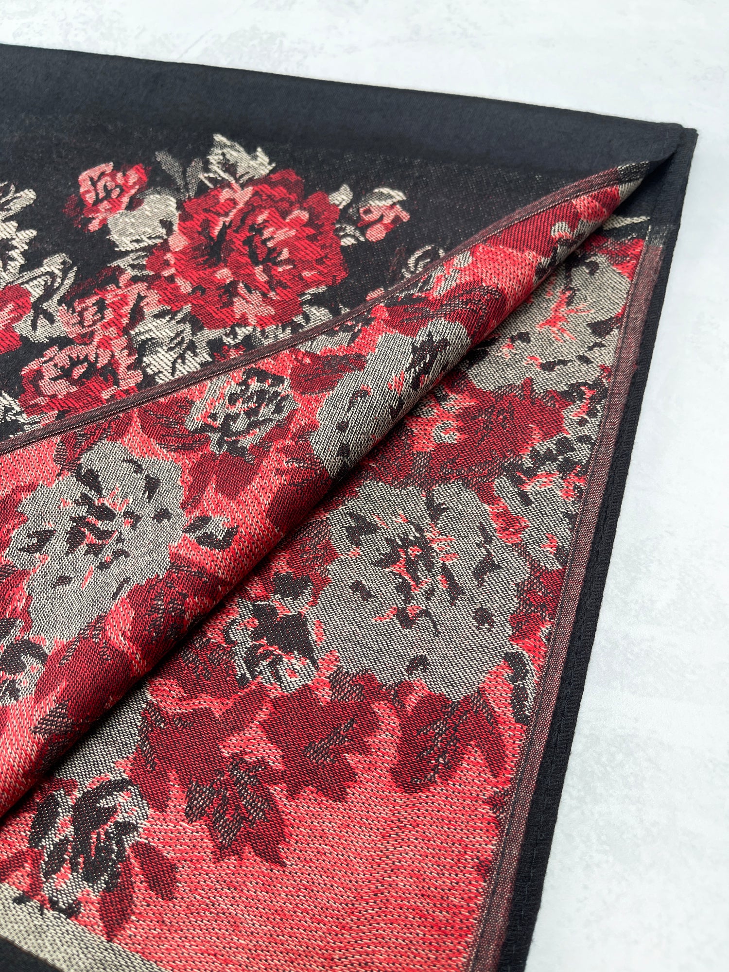 LARGE BLACK FLORAL PRINT SILKY FEEL PASHMINA SHAWL SCARF