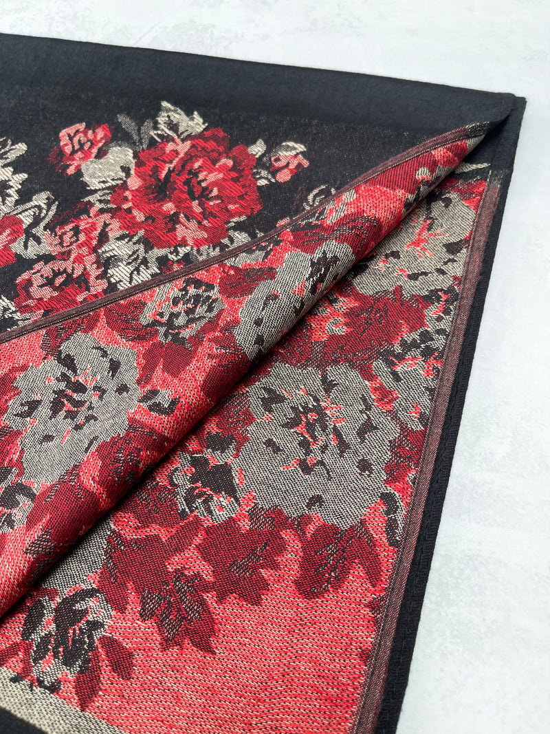 LARGE BLACK FLORAL PRINT SILKY FEEL PASHMINA SHAWL SCARF