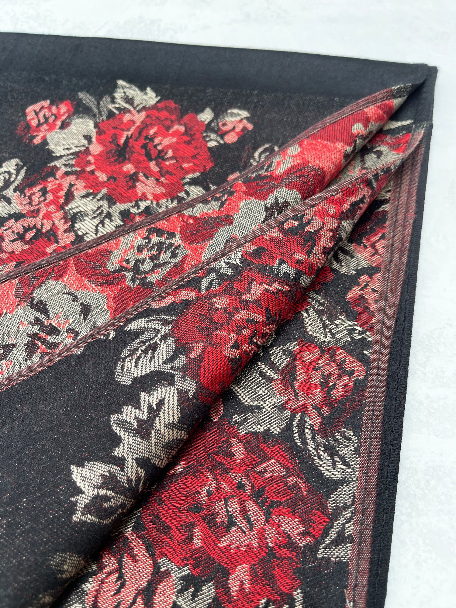 LARGE BLACK FLORAL PRINT SILKY FEEL PASHMINA SHAWL SCARF