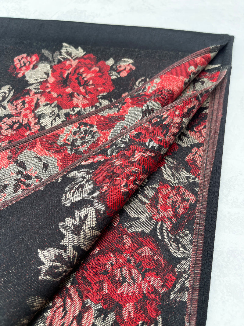 LARGE BLACK FLORAL PRINT SILKY FEEL PASHMINA SHAWL SCARF