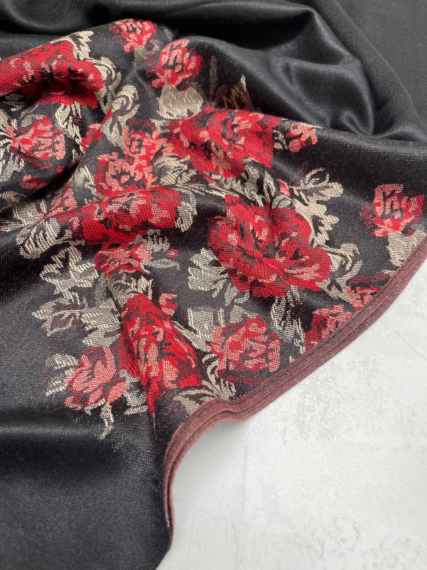 LARGE BLACK FLORAL PRINT SILKY FEEL PASHMINA SHAWL SCARF