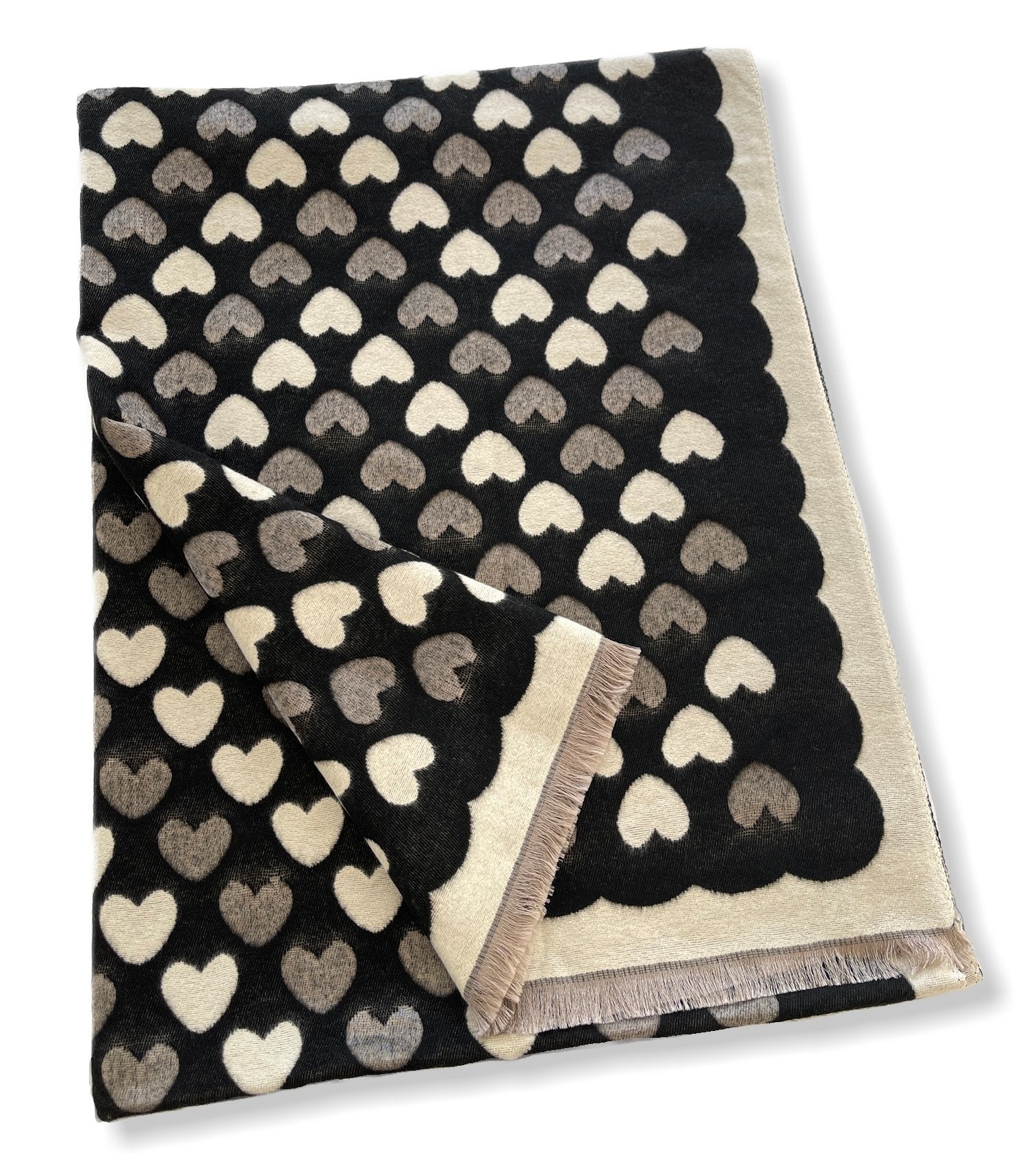 LARGE BLACK HEART PRINT REVERSIBLE CASHMERE WINTER SHAWL BLANKET SCARF