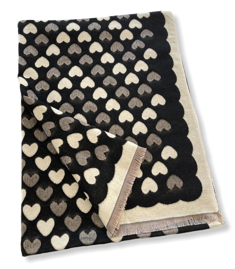 LARGE BLACK HEART PRINT REVERSIBLE CASHMERE WINTER SHAWL BLANKET SCARF