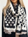 LARGE BLACK HEART PRINT REVERSIBLE CASHMERE WINTER SHAWL BLANKET SCARF