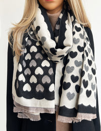 LARGE BLACK HEART PRINT REVERSIBLE CASHMERE WINTER SHAWL BLANKET SCARF