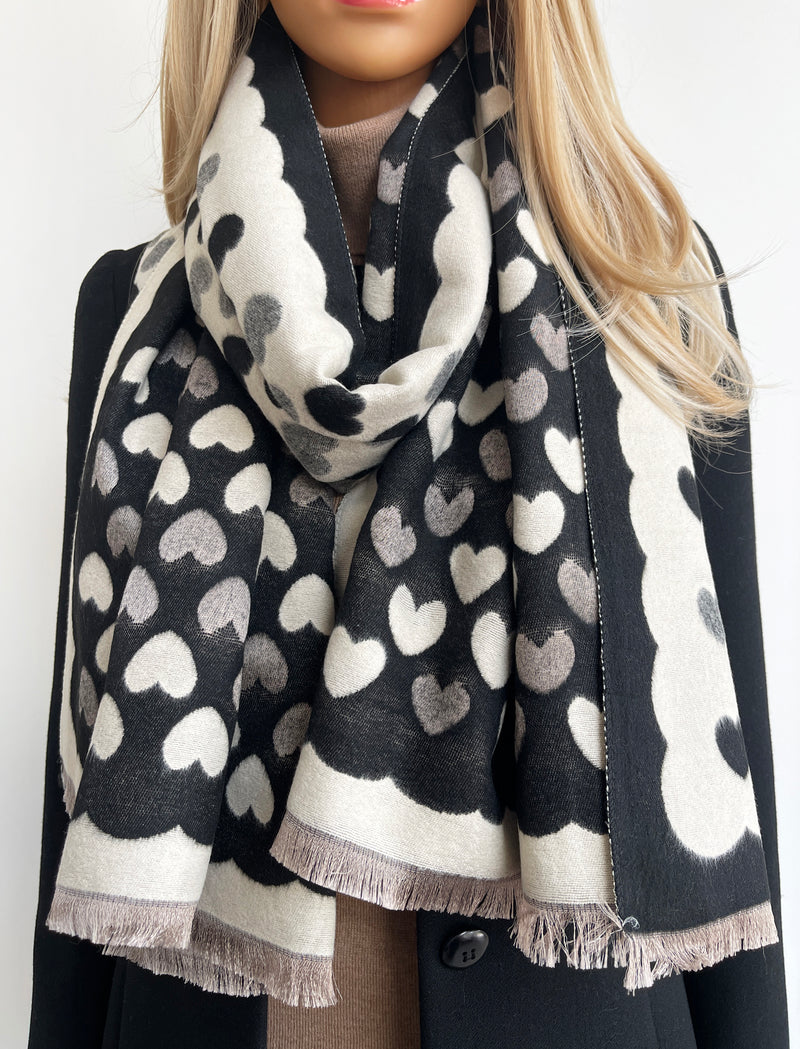 LARGE BLACK HEART PRINT REVERSIBLE CASHMERE WINTER SHAWL BLANKET SCARF