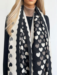 LARGE BLACK HEART PRINT REVERSIBLE CASHMERE WINTER SHAWL BLANKET SCARF