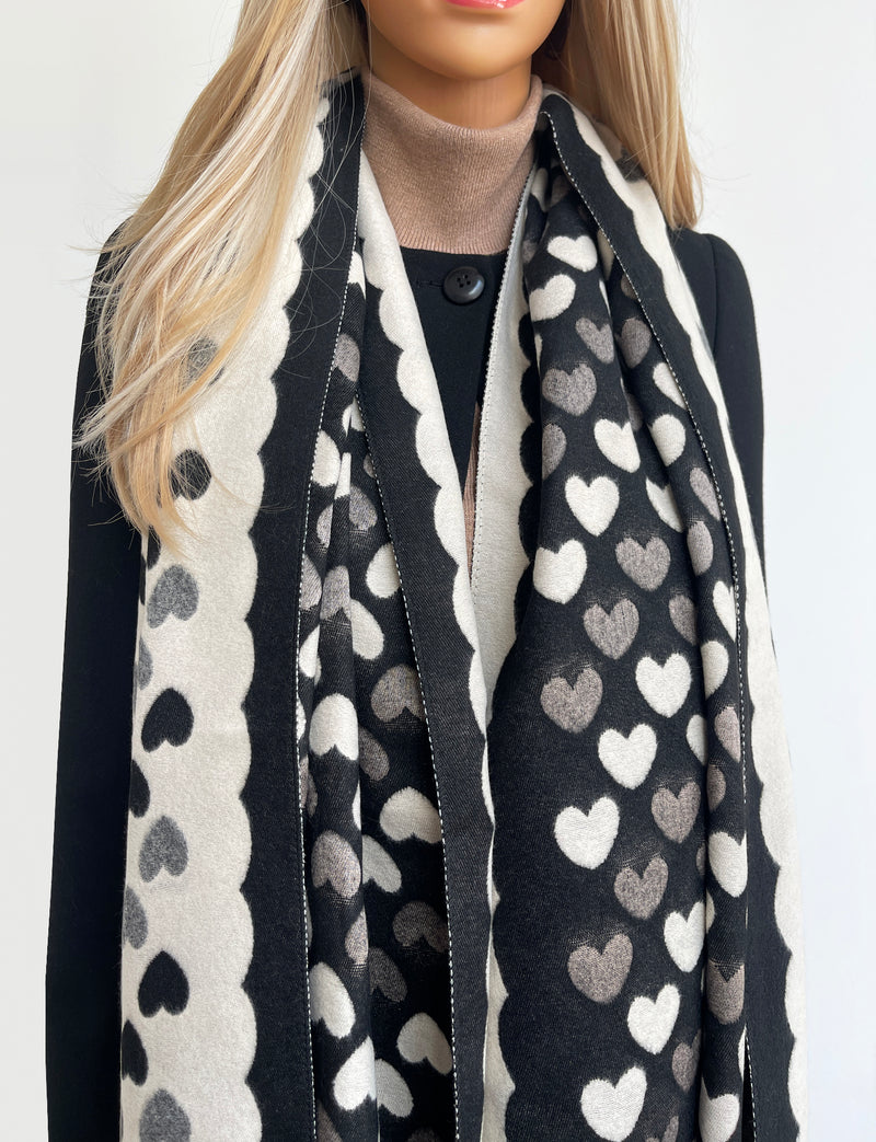 LARGE BLACK HEART PRINT REVERSIBLE CASHMERE WINTER SHAWL BLANKET SCARF