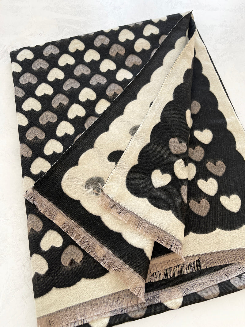 LARGE BLACK HEART PRINT REVERSIBLE CASHMERE WINTER SHAWL BLANKET SCARF