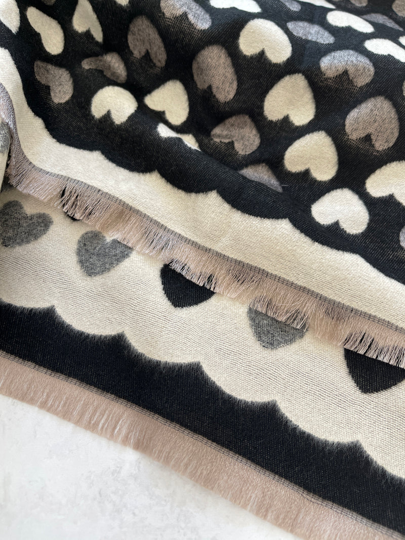 LARGE BLACK HEART PRINT REVERSIBLE CASHMERE WINTER SHAWL BLANKET SCARF