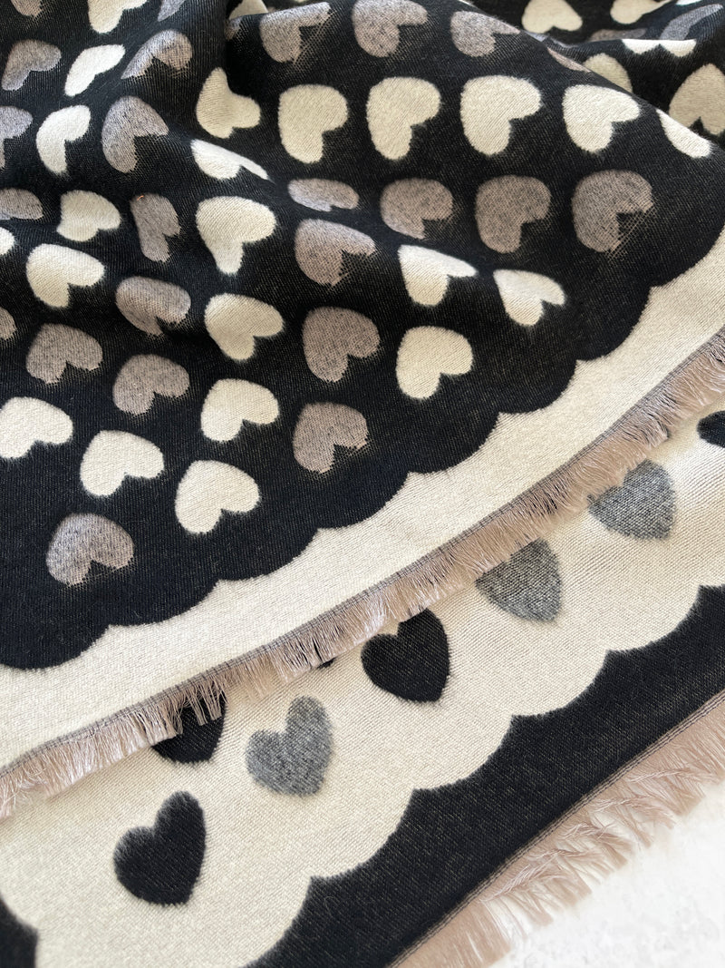 LARGE BLACK HEART PRINT REVERSIBLE CASHMERE WINTER SHAWL BLANKET SCARF