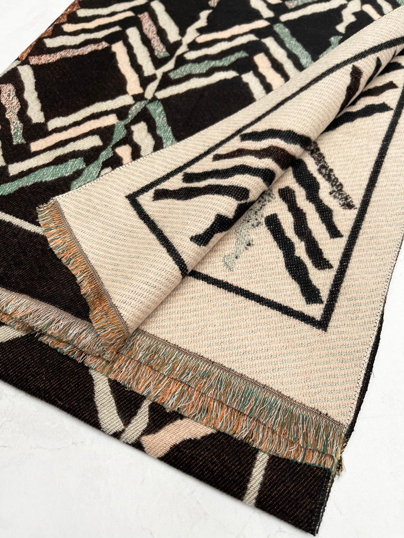 LARGE BLACK RETRO PRINT REVERSIBLE WOOL WINTER SHAWL BLANKET SCARF