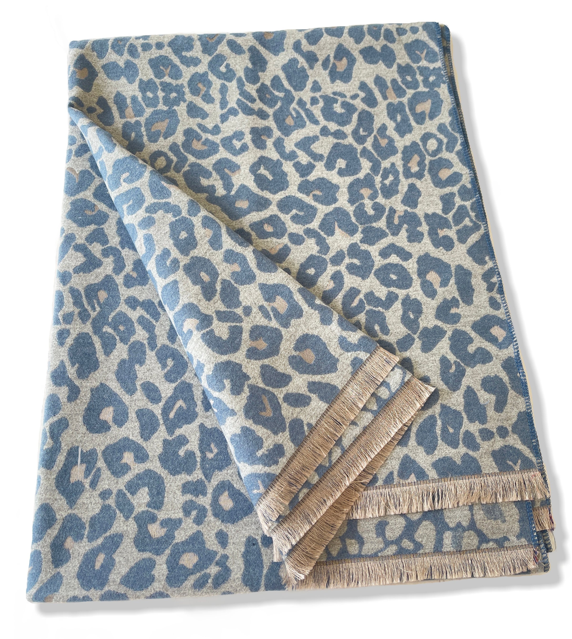 LARGE BLUE LEOPARD PRINT REVERSIBLE WINTER SHAWL BLANKET SCARF