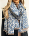 LARGE BLUE LEOPARD PRINT REVERSIBLE WINTER SHAWL BLANKET SCARF