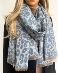LARGE BLUE LEOPARD PRINT REVERSIBLE WINTER SHAWL BLANKET SCARF