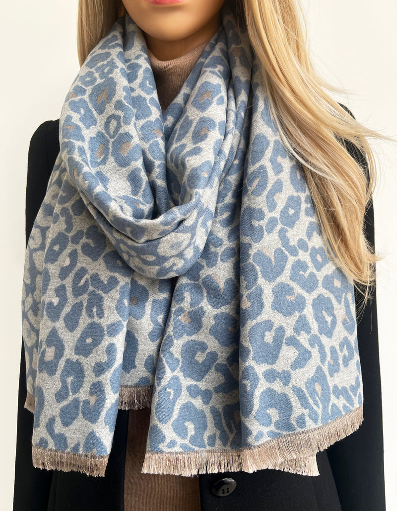 LARGE BLUE LEOPARD PRINT REVERSIBLE WINTER SHAWL BLANKET SCARF