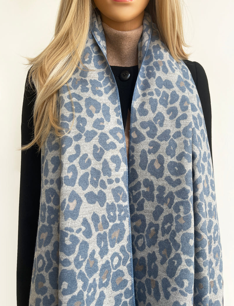 LARGE BLUE LEOPARD PRINT REVERSIBLE WINTER SHAWL BLANKET SCARF