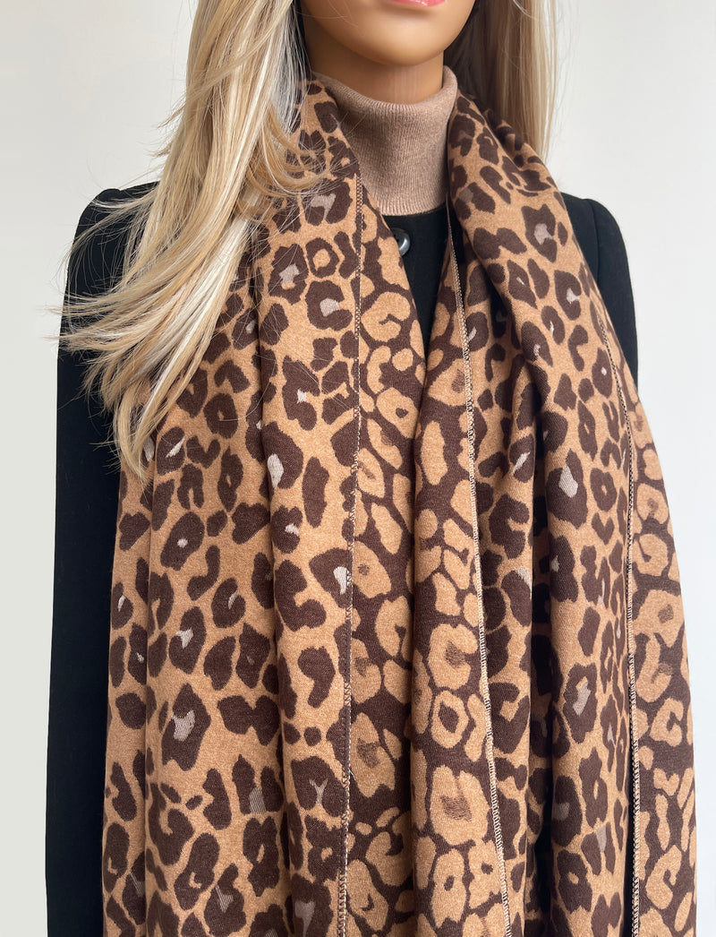 LARGE BROWN LEOPARD PRINT REVERSIBLE WINTER SHAWL BLANKET SCARF