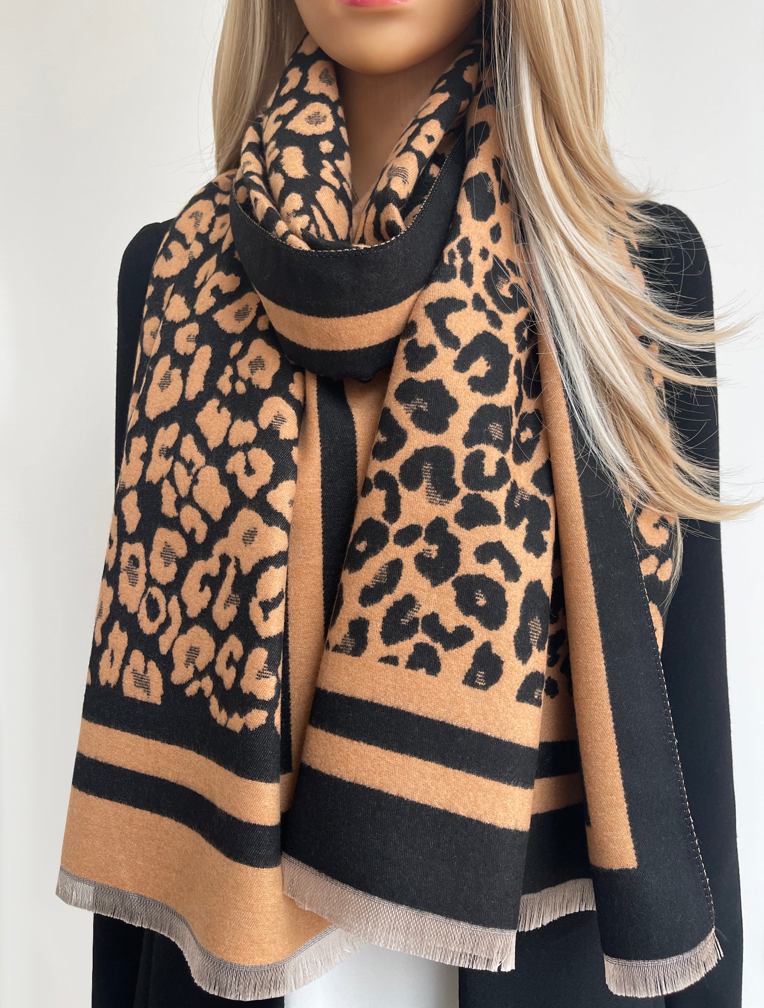 LARGE BROWN TAN LEOPARD PRINT REVERSIBLE WINTER SHAWL BLANKET SCARF