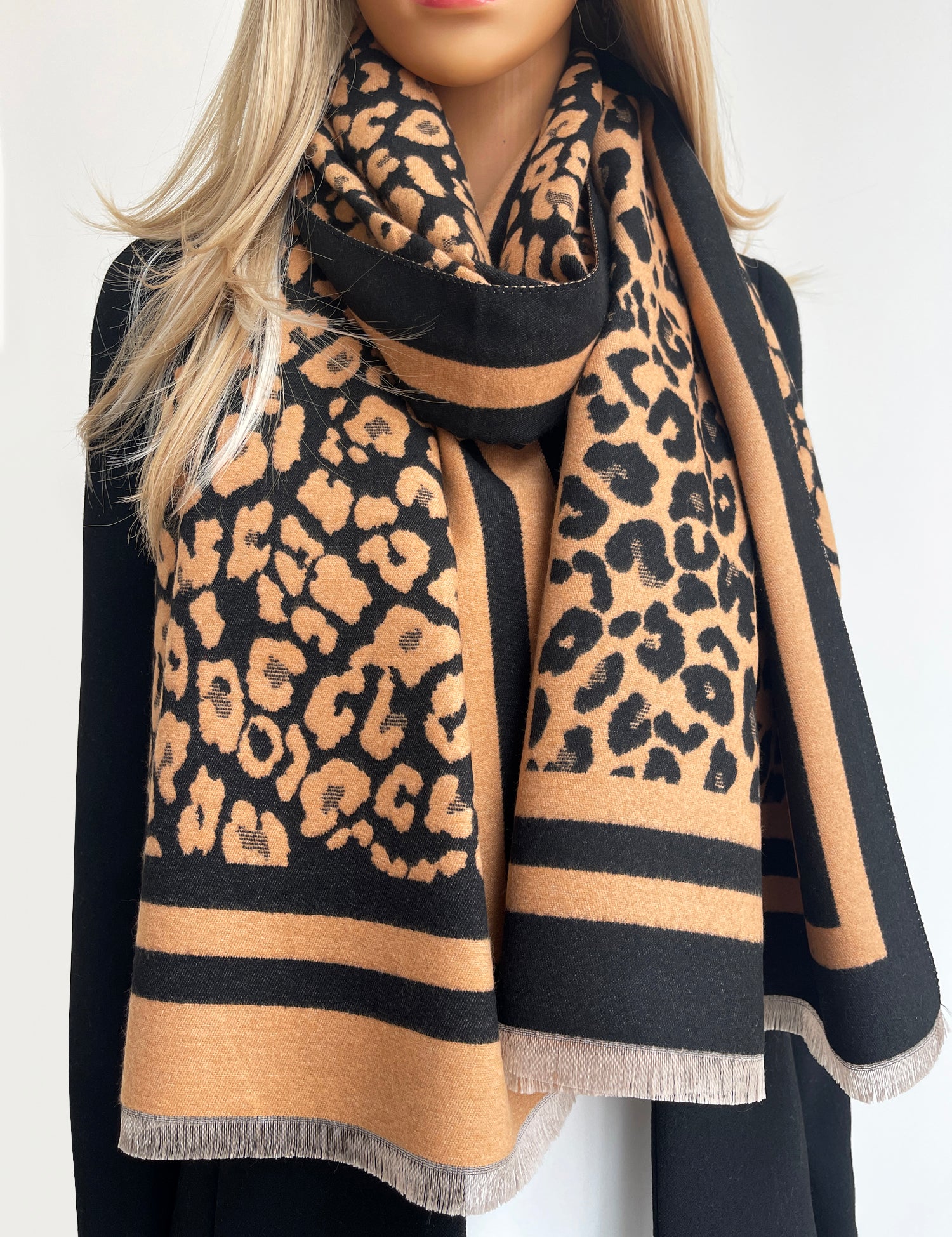 LARGE BROWN TAN LEOPARD PRINT REVERSIBLE WINTER SHAWL BLANKET SCARF