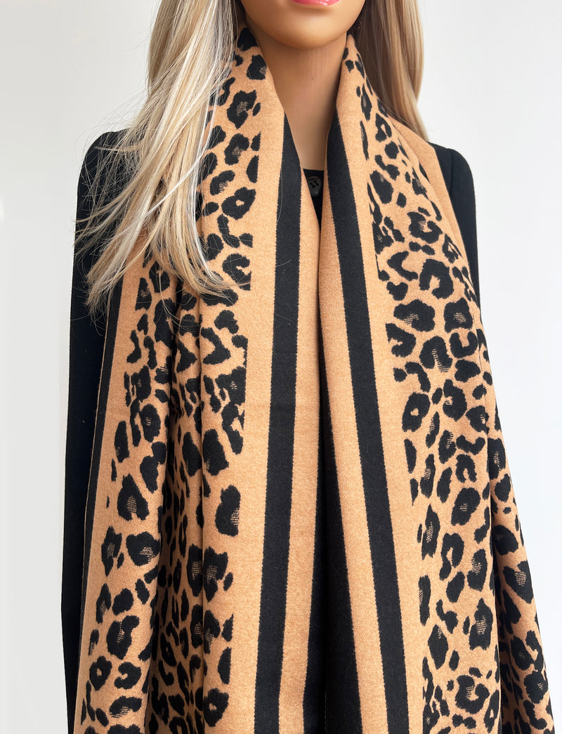 LARGE BROWN TAN LEOPARD PRINT REVERSIBLE WINTER SHAWL BLANKET SCARF