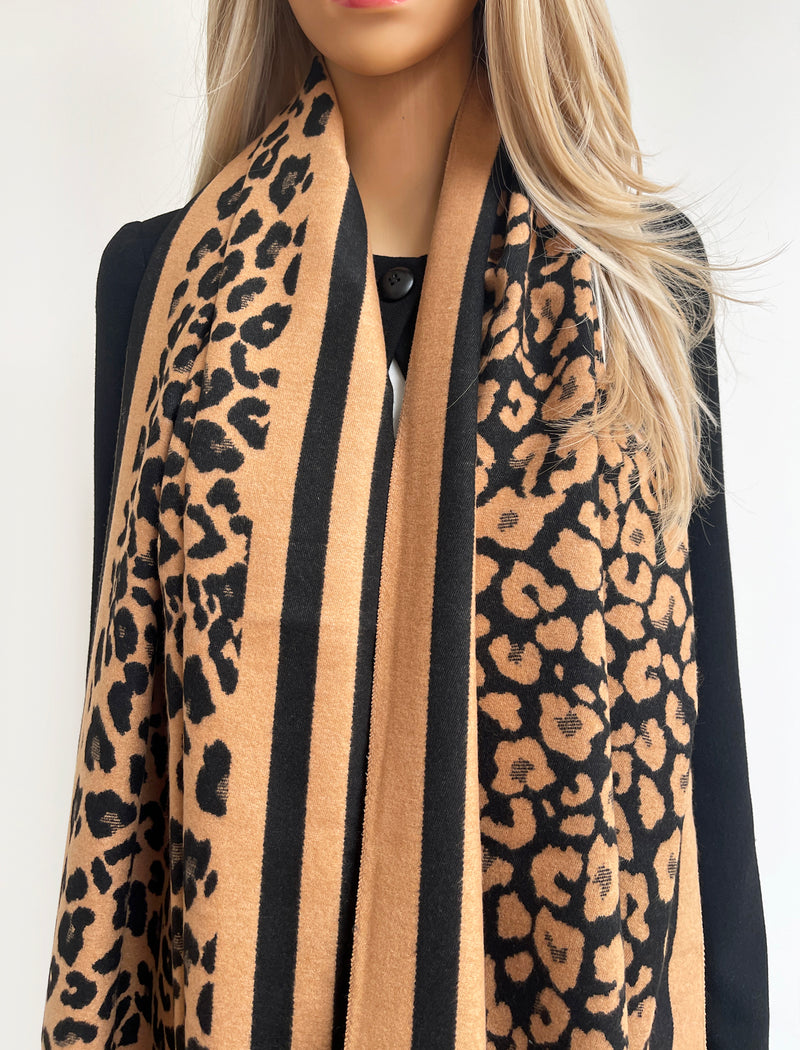 LARGE BROWN TAN LEOPARD PRINT REVERSIBLE WINTER SHAWL BLANKET SCARF