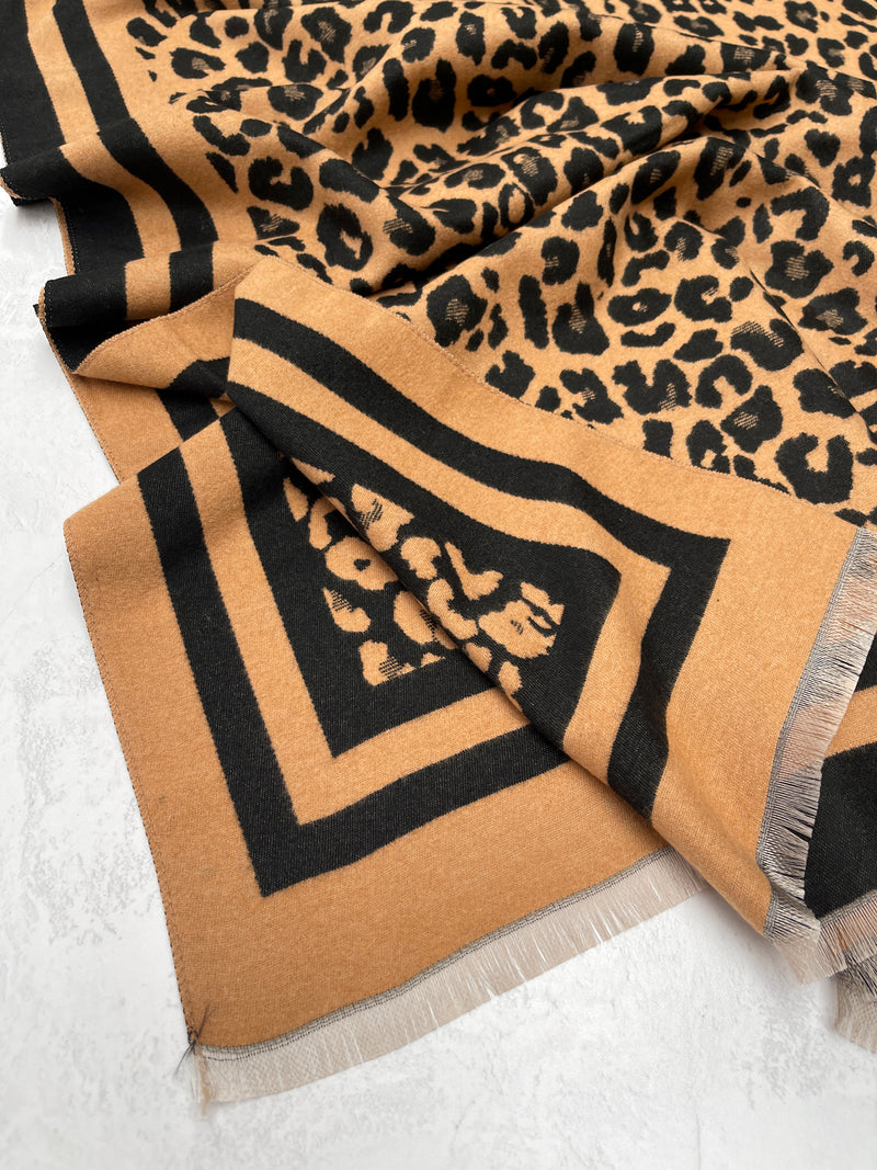 LARGE BROWN TAN LEOPARD PRINT REVERSIBLE WINTER SHAWL BLANKET SCARF