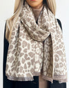 LARGE CREAM LEOPARD PRINT REVERSIBLE WINTER SHAWL BLANKET SCARF
