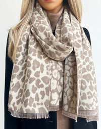 LARGE CREAM LEOPARD PRINT REVERSIBLE WINTER SHAWL BLANKET SCARF