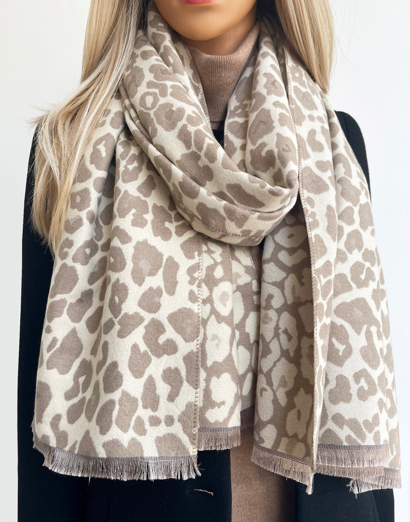 LARGE CREAM LEOPARD PRINT REVERSIBLE WINTER SHAWL BLANKET SCARF