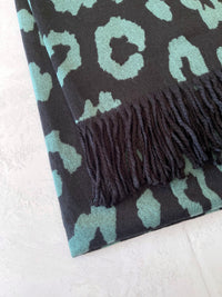 LARGE GREEN CASHMERE LEOPARD PRINT REVERSIBLE WINTER SHAWL BLANKET SCARF