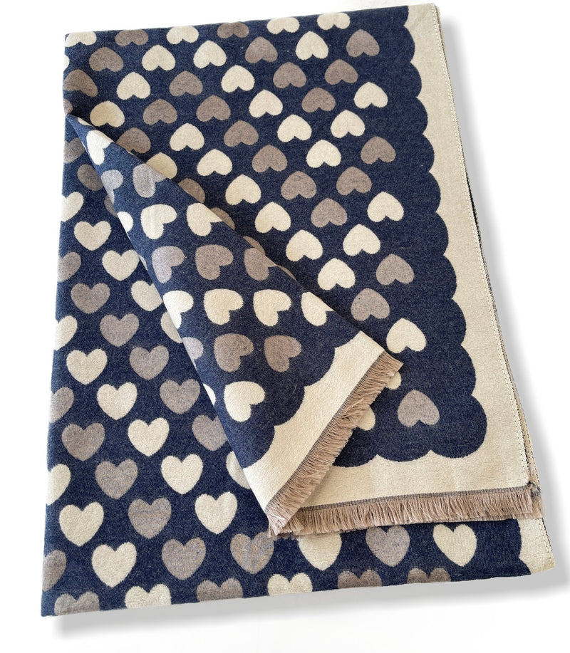 LARGE NAVY BLUE HEART PRINT REVERSIBLE CASHMERE WINTER SHAWL BLANKET SCARF