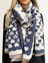 LARGE NAVY BLUE HEART PRINT REVERSIBLE CASHMERE WINTER SHAWL BLANKET SCARF