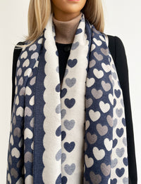 LARGE NAVY BLUE HEART PRINT REVERSIBLE CASHMERE WINTER SHAWL BLANKET SCARF