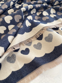 LARGE NAVY BLUE HEART PRINT REVERSIBLE CASHMERE WINTER SHAWL BLANKET SCARF