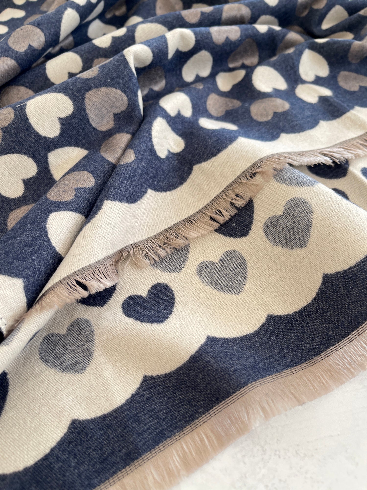 LARGE NAVY BLUE HEART PRINT REVERSIBLE CASHMERE WINTER SHAWL BLANKET SCARF