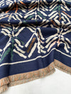 LARGE NAVY BLUE RETRO PRINT REVERSIBLE WOOL WINTER SHAWL BLANKET SCARF