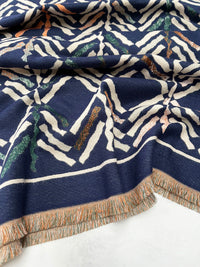 LARGE NAVY BLUE RETRO PRINT REVERSIBLE WOOL WINTER SHAWL BLANKET SCARF