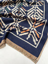 LARGE NAVY BLUE RETRO PRINT REVERSIBLE WOOL WINTER SHAWL BLANKET SCARF