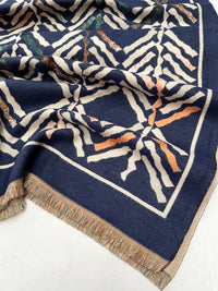 LARGE NAVY BLUE RETRO PRINT REVERSIBLE WOOL WINTER SHAWL BLANKET SCARF