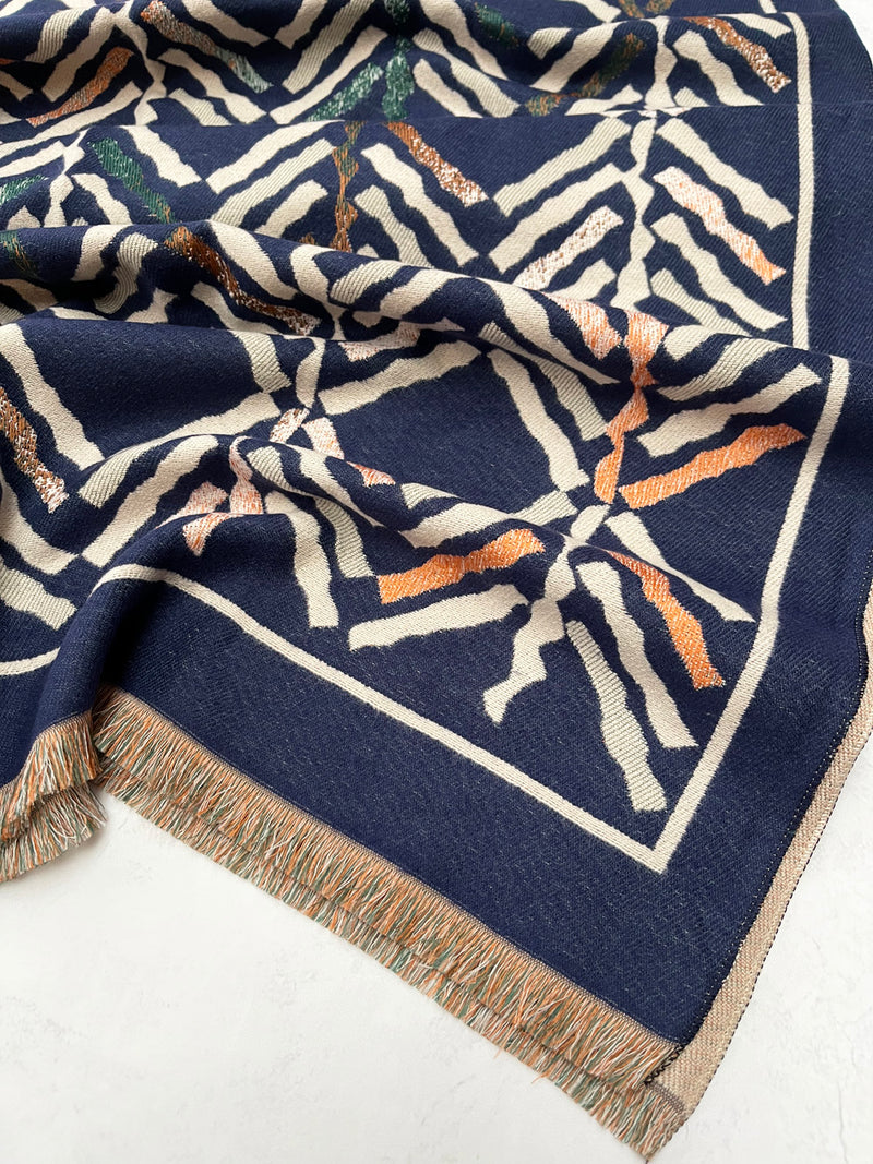 LARGE NAVY BLUE RETRO PRINT REVERSIBLE WOOL WINTER SHAWL BLANKET SCARF