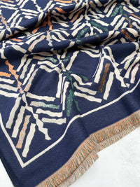 LARGE NAVY BLUE RETRO PRINT REVERSIBLE WOOL WINTER SHAWL BLANKET SCARF