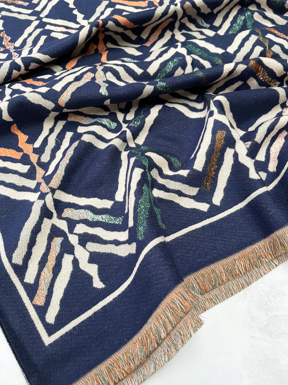 LARGE NAVY BLUE RETRO PRINT REVERSIBLE WOOL WINTER SHAWL BLANKET SCARF