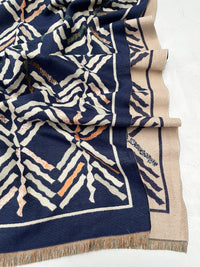 LARGE NAVY BLUE RETRO PRINT REVERSIBLE WOOL WINTER SHAWL BLANKET SCARF