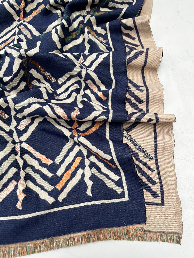 LARGE NAVY BLUE RETRO PRINT REVERSIBLE WOOL WINTER SHAWL BLANKET SCARF